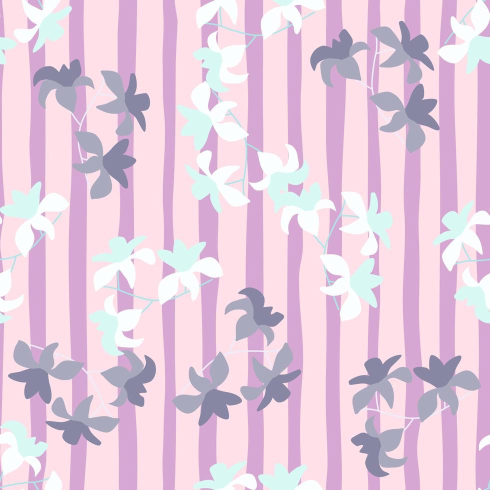 patrón floral transparente con estampado de flores hawaii blancas y moradas al azar. fondo de rayas rosas. vector