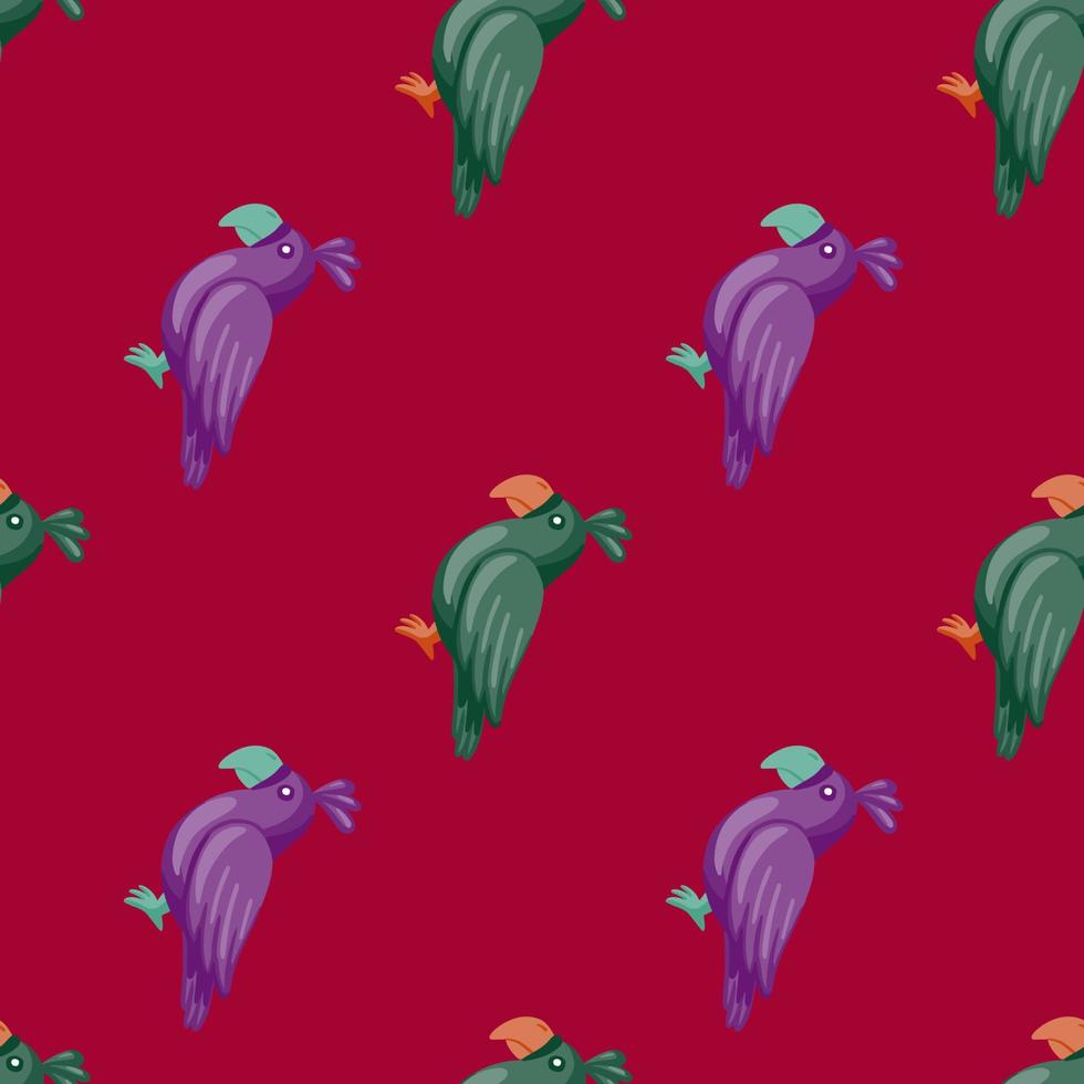 Jungle bird seamless pattern with green and purple parrots shapes. Maroon background. Minimalistic style. vector