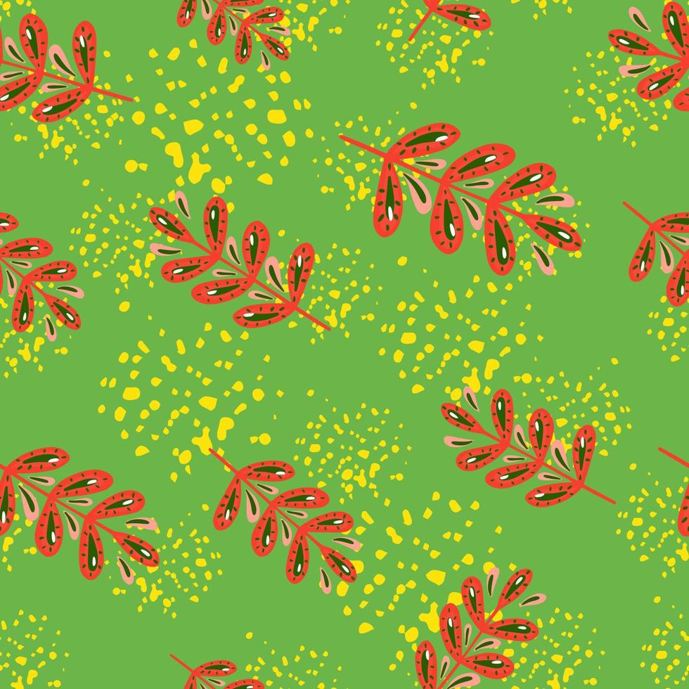 Bloom nature seamless pattern with red leaf branches elements. Green background with splashes. vector