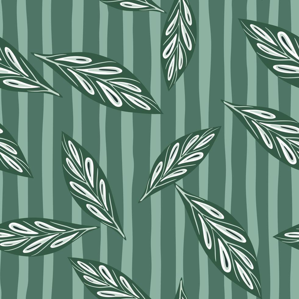 Random herbal seamless pattern with hand drawn geometric leaves ornament. Striped background. vector