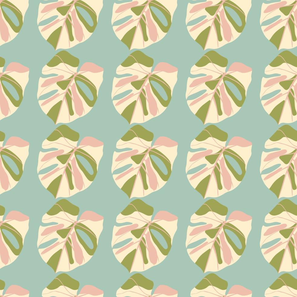 patrón de garabato sin costuras pastel con elementos de hoja de monstera. estampado botánico simple en tonos verdes y rosas sobre fondo azul. vector