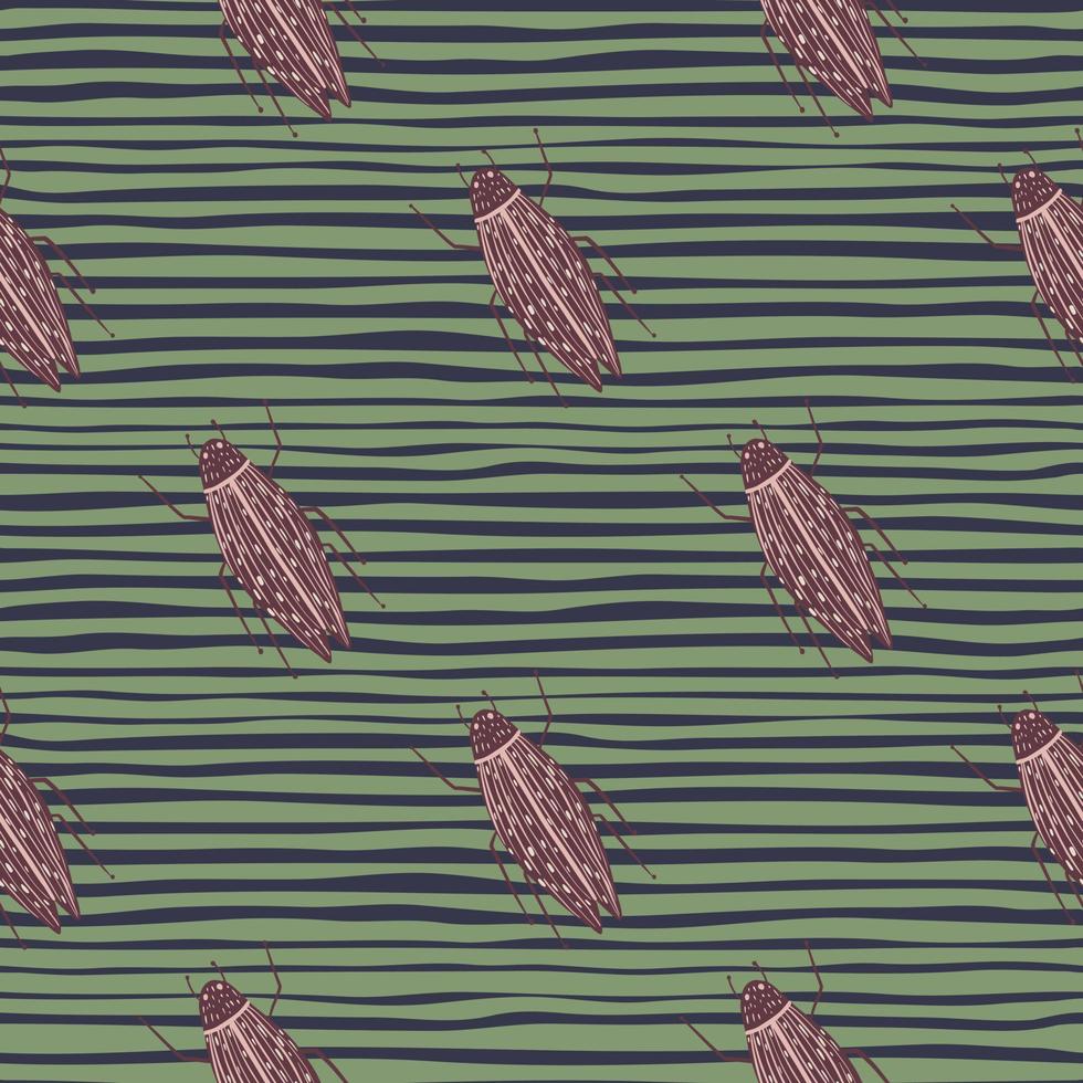 siluetas de bichos morados diagonales patrón sin costuras. insectos de garabato estampado estilizado con fondo verde rayado. vector