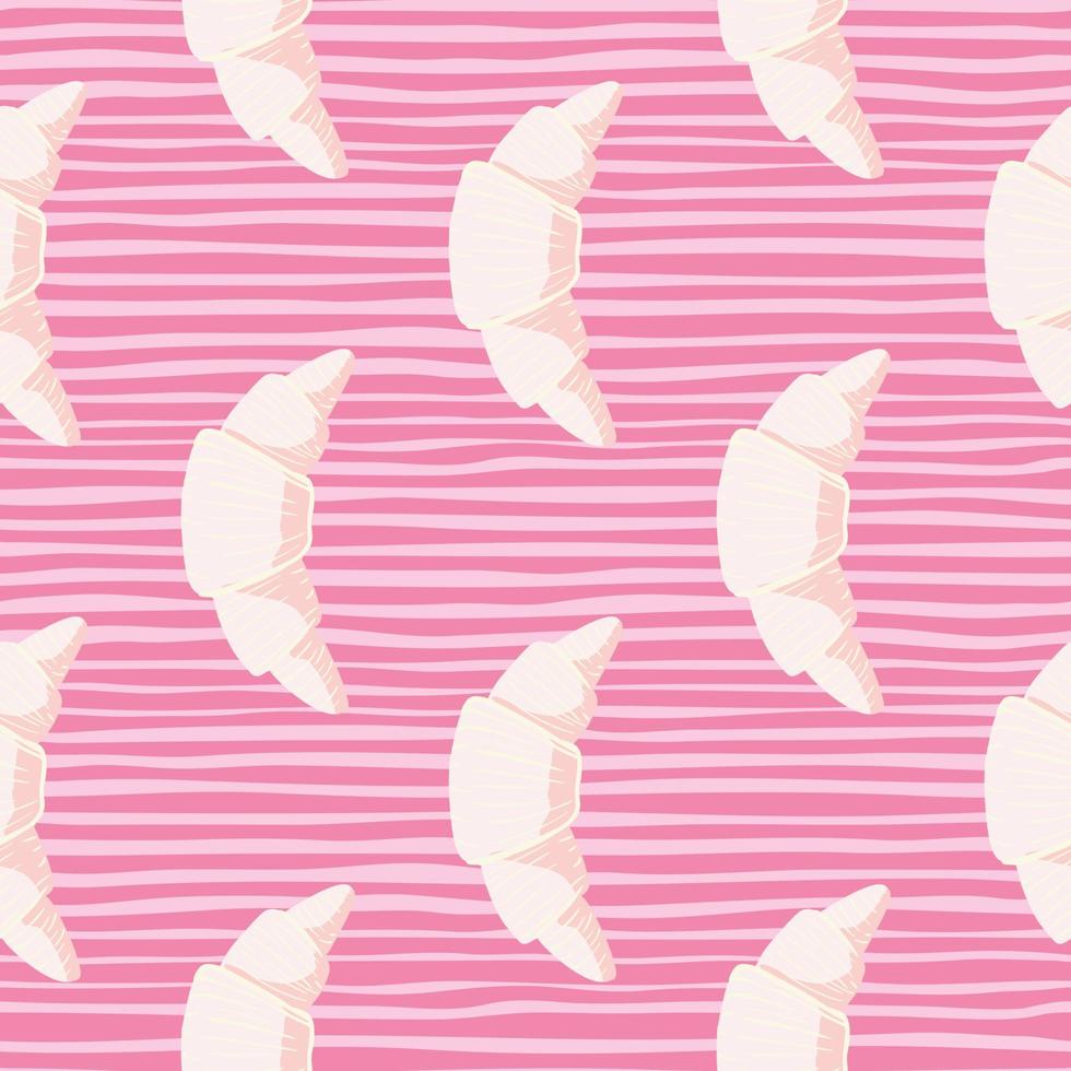 Dessert seamless pattern with tasty croissants silhouettes. Doodle food ornament with pink stripped bright background. vector