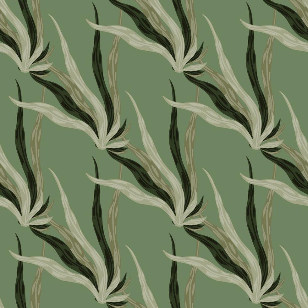 Pale brown and grey tones seaweeds seamless pattern. Green background. Underwater foliage artwork. vector