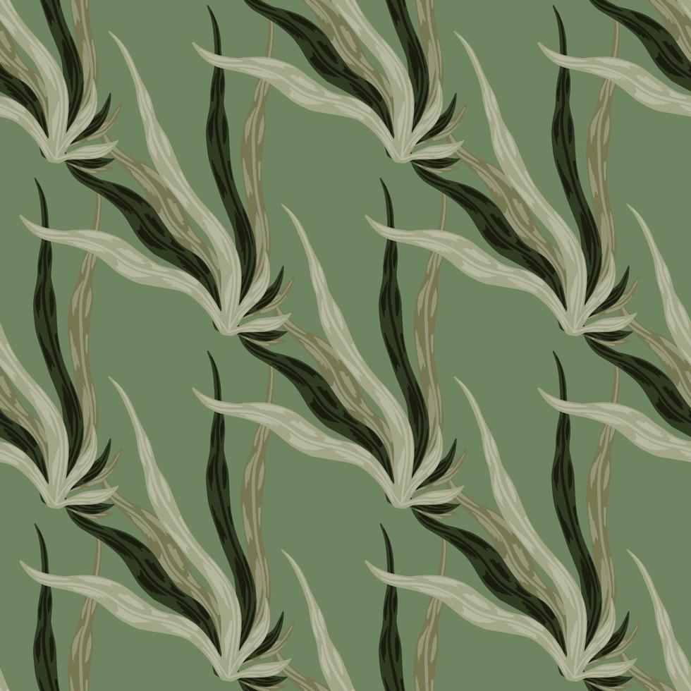 Pale brown and grey tones seaweeds seamless pattern. Green background. Underwater foliage artwork. vector