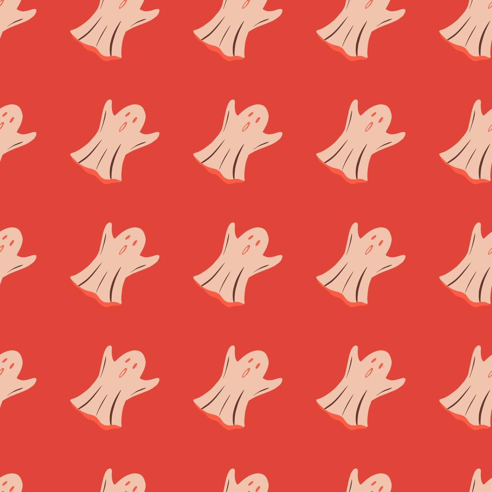Seamless pattern with doodle light pink ghosts silhouettes. Red bright background. Halloween artwork. vector