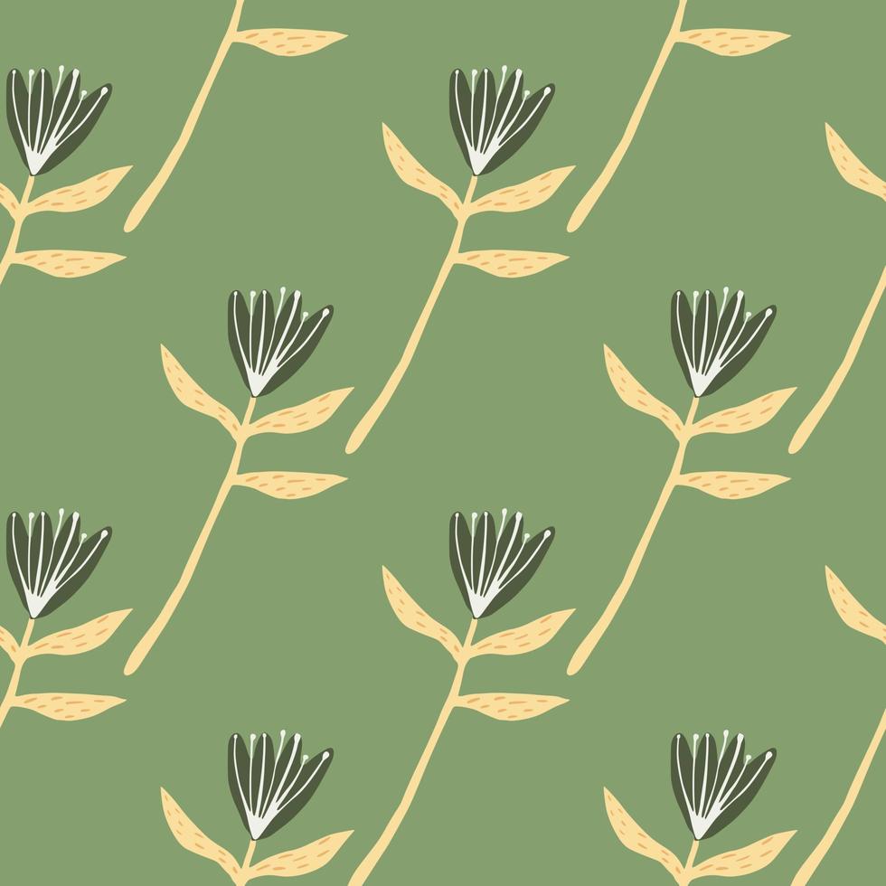 Minimalistic botanic seamless pattern with flower silhouettes. Yellow flower twigs. Soft olive green background. vector