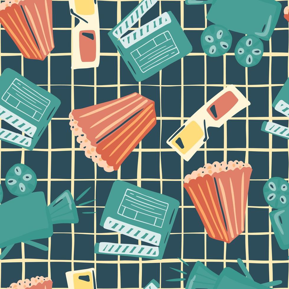 Bright seamless doodle pattern with popcorn, camera, 3d glasses and clapperboard ornament. Stylized cinema movie style. Navy blue chequered background. vector
