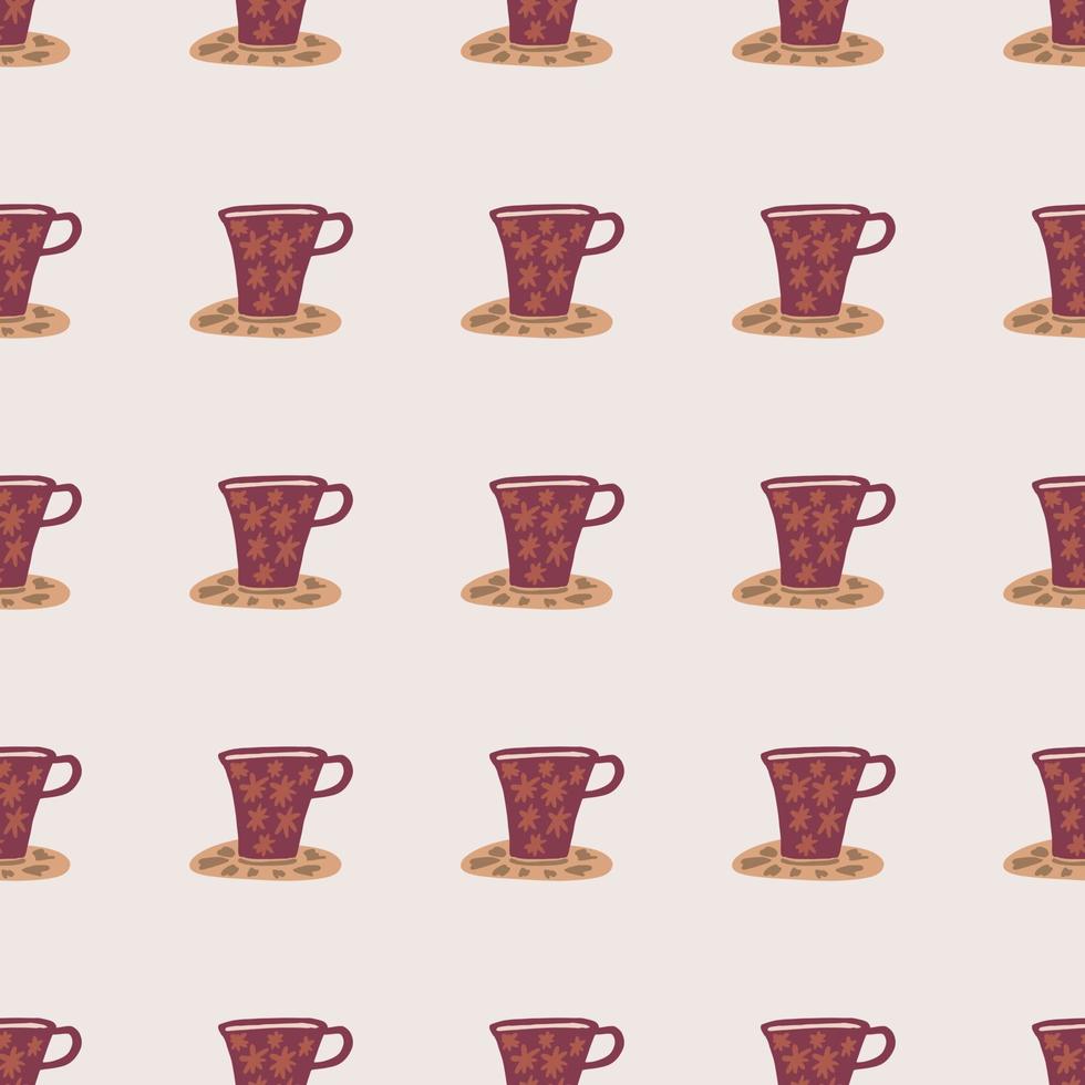 Cup ornament hand drawn seamless pattern. Maroon and beige pastel tones elements on light pastel background. vector