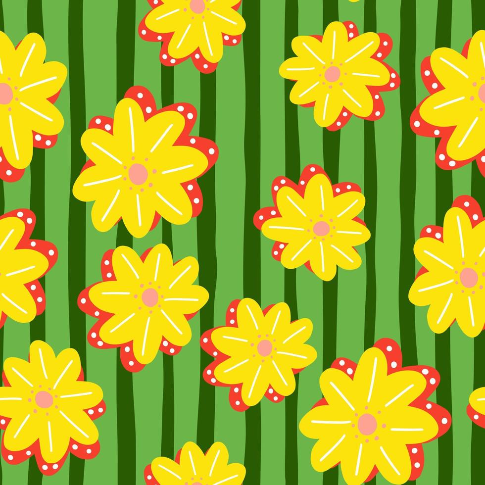 Bright random chamomile flowers seamless pattern in floral style. Green striped background. Floral print. vector