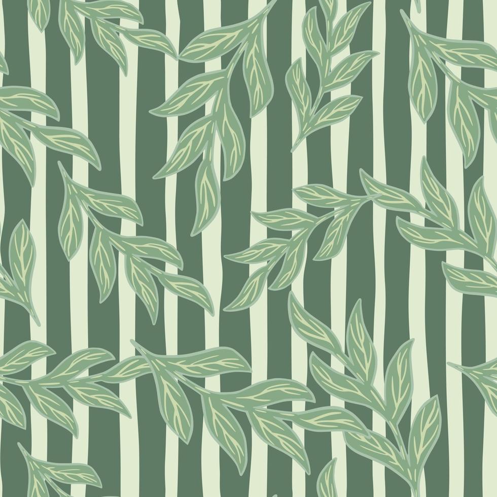 Seamless pattern with random green contoured botanic branches shapes. Striped background. Doodle print. vector