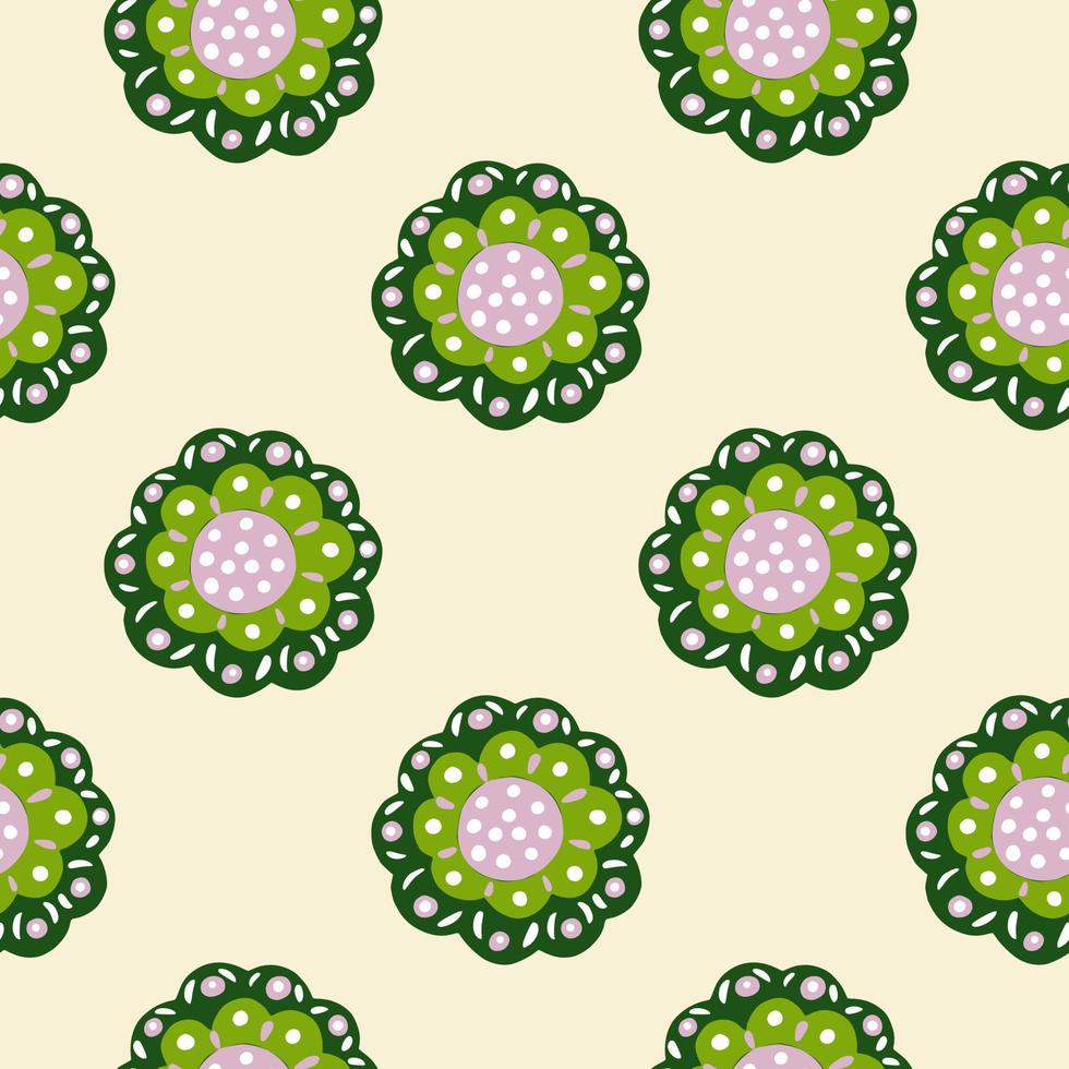 Contrast floral botanic seamless pattern with green abstract folk buds shapes. Light pastel yellow background. vector