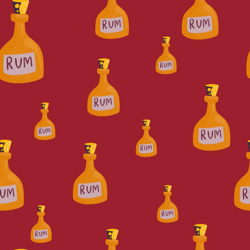 Random orange rum bottle shapes seamless pattern in doodle style. Red pastel background. Alcohol print. vector