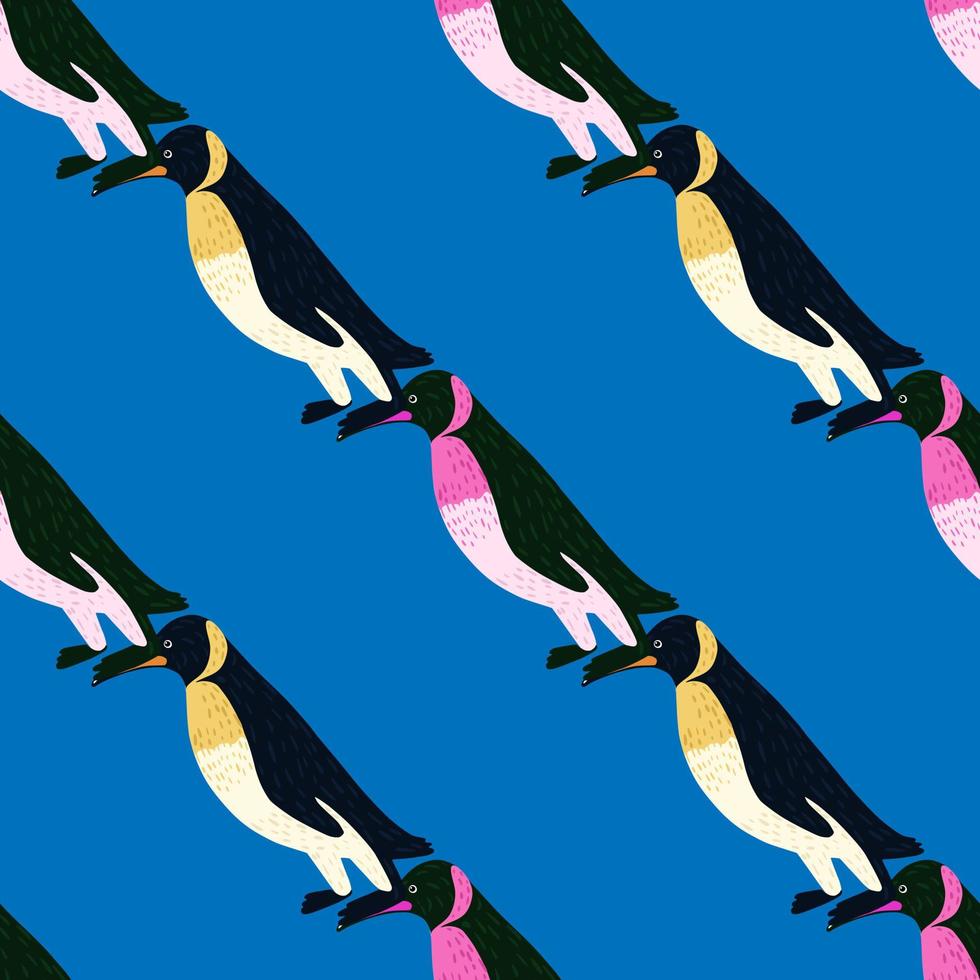 Bright abstract seamless parrern with white and black colored penguins print. Blue background. Cute print. vector