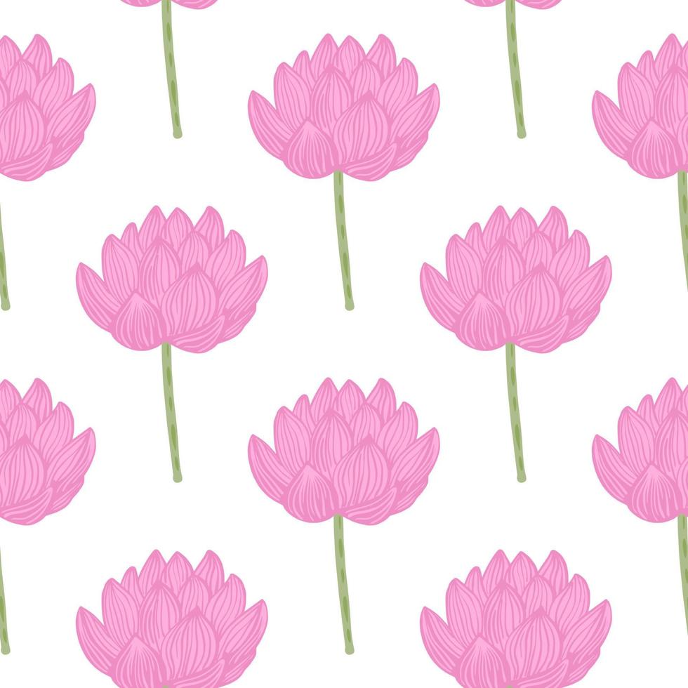 Isolated seamless pattern with simple pink lotus flower silhouettes print. White background. Asian flora backdrop. vector