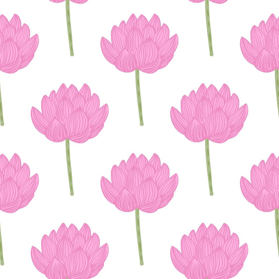 patrón inconsútil aislado con estampado de siluetas de flores de loto rosa simple. Fondo blanco. telón de fondo de la flora asiática. vector