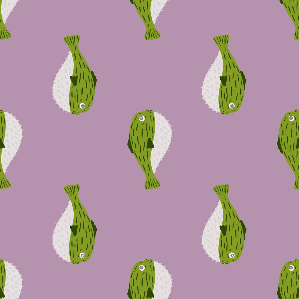 Decorative seamless aqua pattern with green doodle puffer fish ornament. Pastel purple background. Simple design. vector