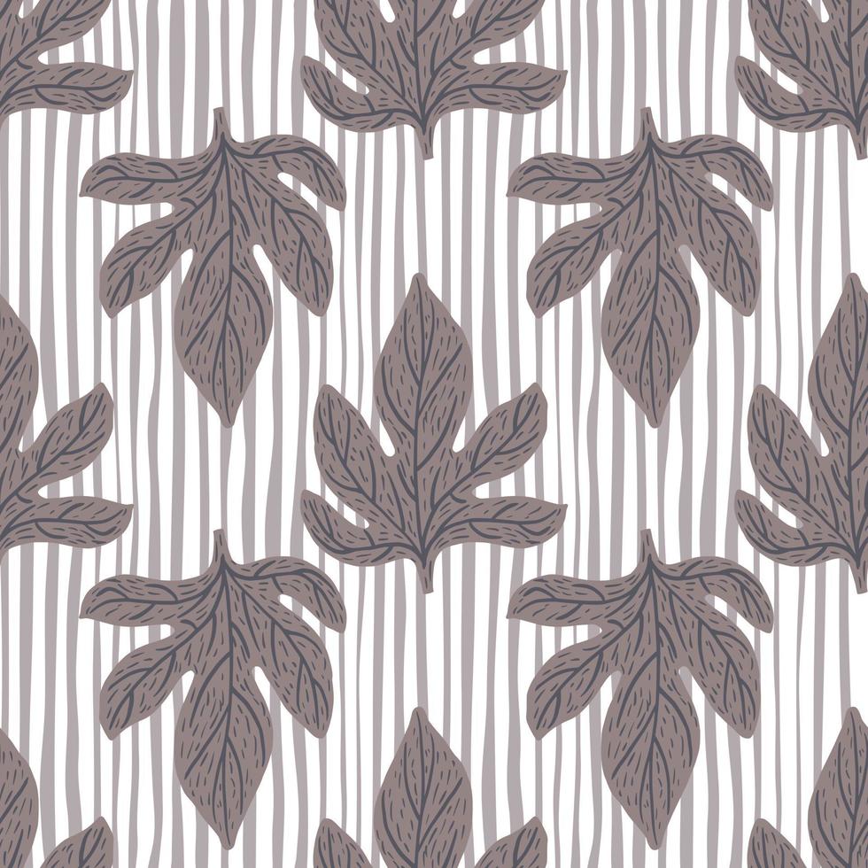 Season seamless pattern with grey colored leaf elements. Striped light background. vector