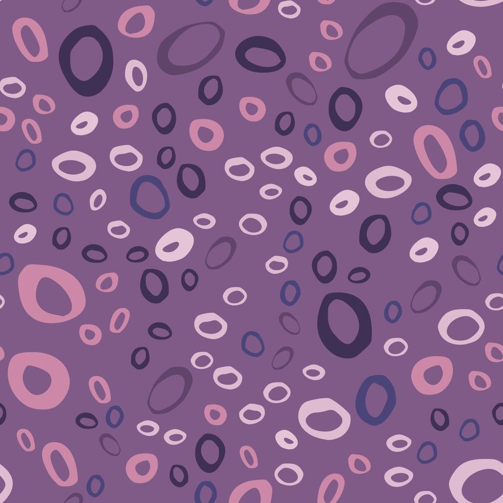 Seamless pattern with abstract rings ornament. Random located doodle geometric circle shapes in purple palette. vector