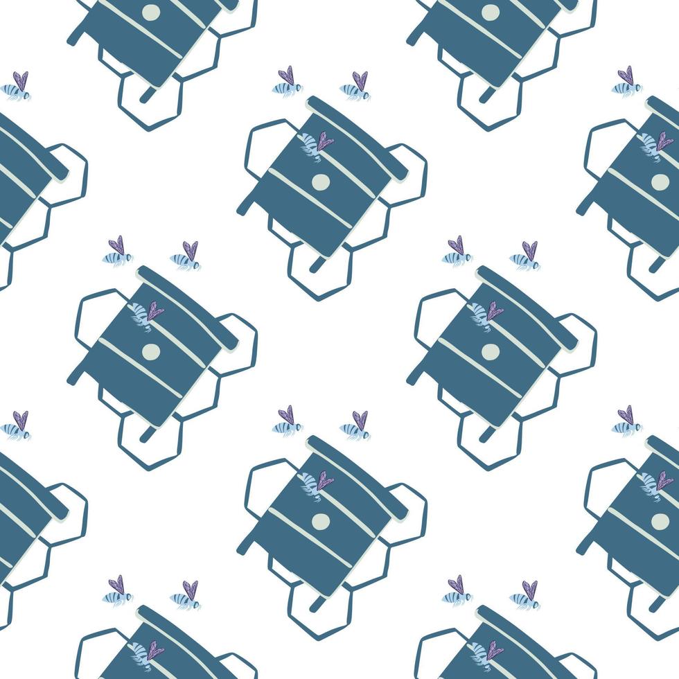 Isolated seamless doodle pattern with beehive silhouettes. Navy blue ornament with bees on white background. vector