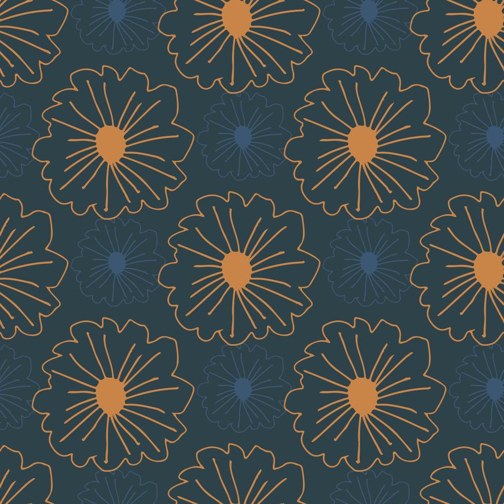 Orange contoured flowers seamless pattern on dark blue background. Simple botanic backdrop. vector