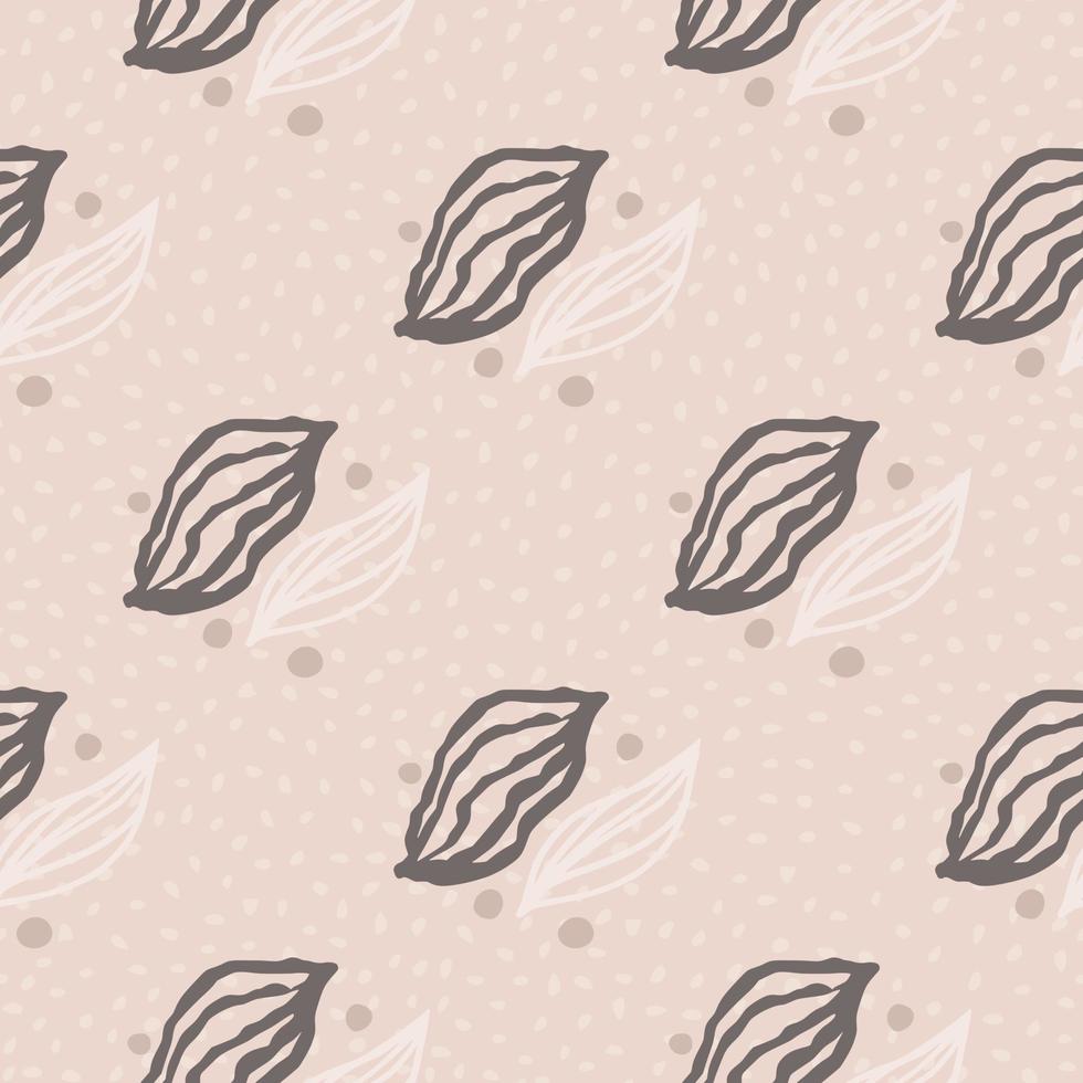 Seamless pale pattern with contoured leafs. Hand drawn botanic ornament in white and brown soft colors on light pink dotted background. vector