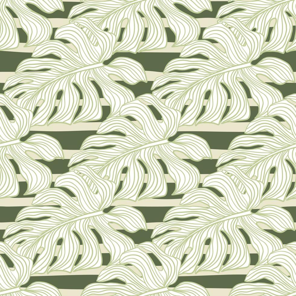 Linear monstera outline seamless pattern. Tropical leaves on stripe background. vector