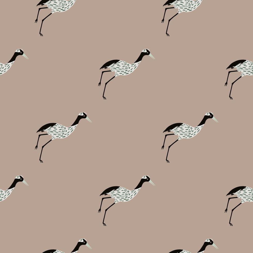 Minimalistic style seamless pattern with grey crane bird silhouettes ornament. Beige backround. Pale tones. vector
