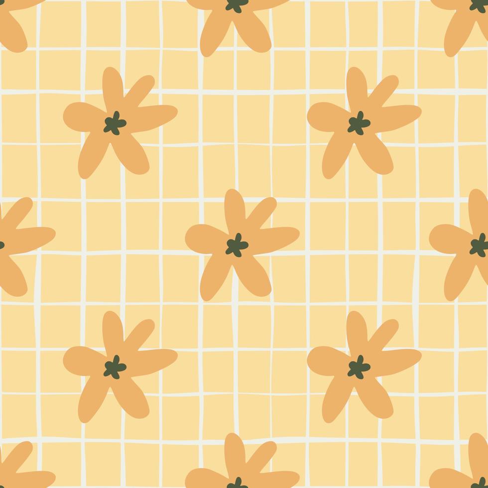 Summer seamless pattern with orange daisy flowers. Pastel light orange background with check. vector