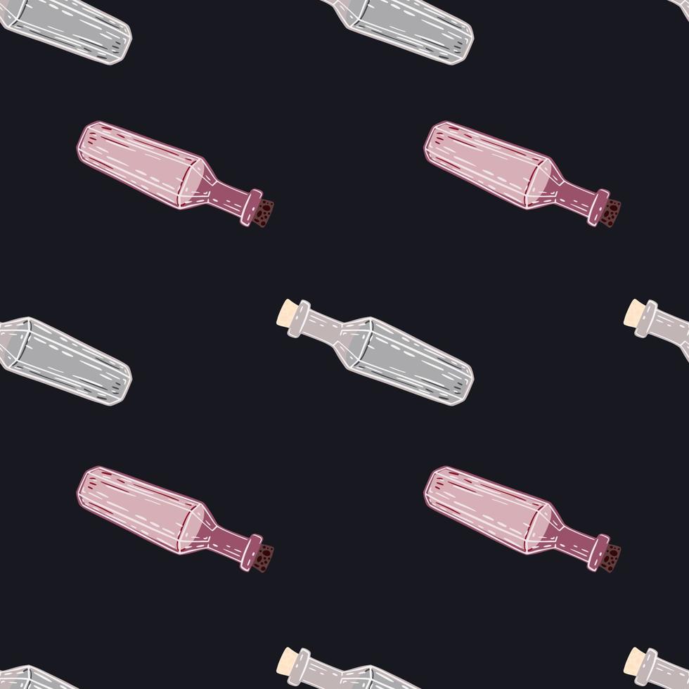 Simple alchemy seamless doodle pattern with pink and blue bottles. Black background. vector