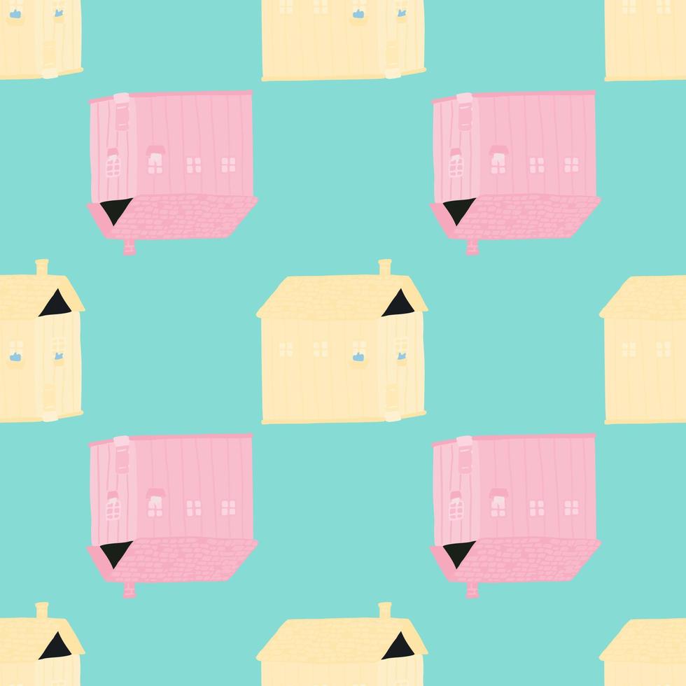 Contrast seamless pattern with doodle village elements. Pink and yellow houses on blue background. vector