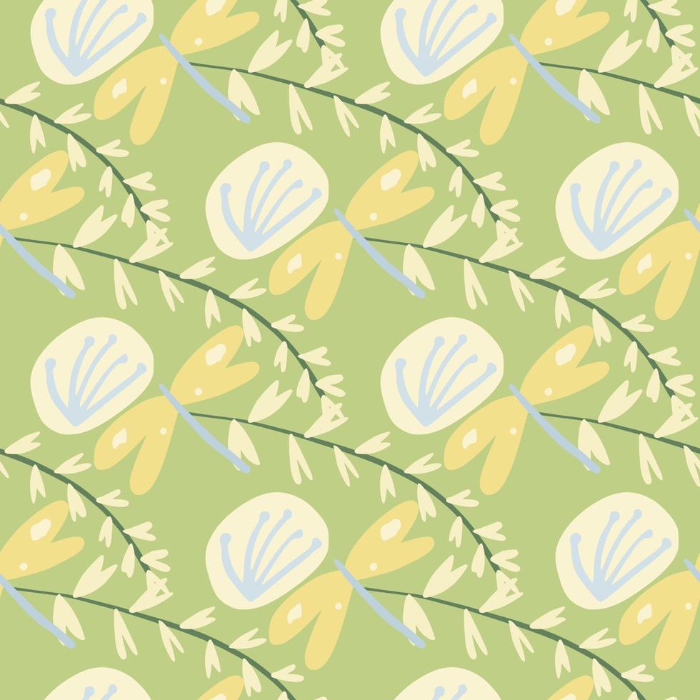 Random botanic seamlless pattern with twigs, blowballs and damselflyes. In green, yellow, blue and pink pastel tones. vector