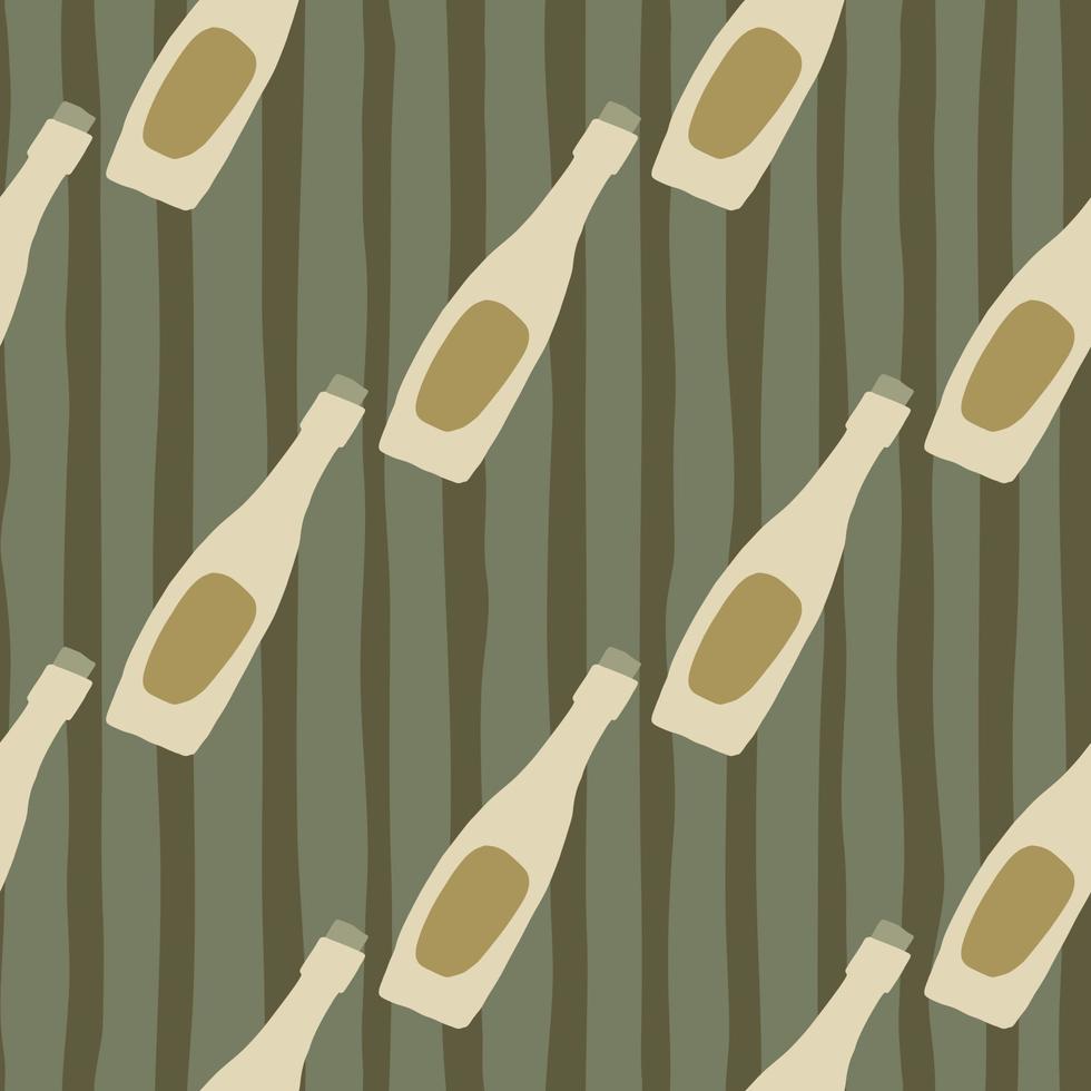 Diagonal bottle ornament seamless pattern. Doodle hand drawn acohol shapes in beige tones on stripped background. vector