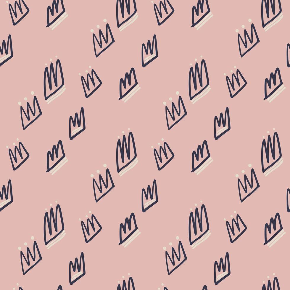 Simple minimalistic seamless pattern with navy blue contoured crowns. Light pink background. vector
