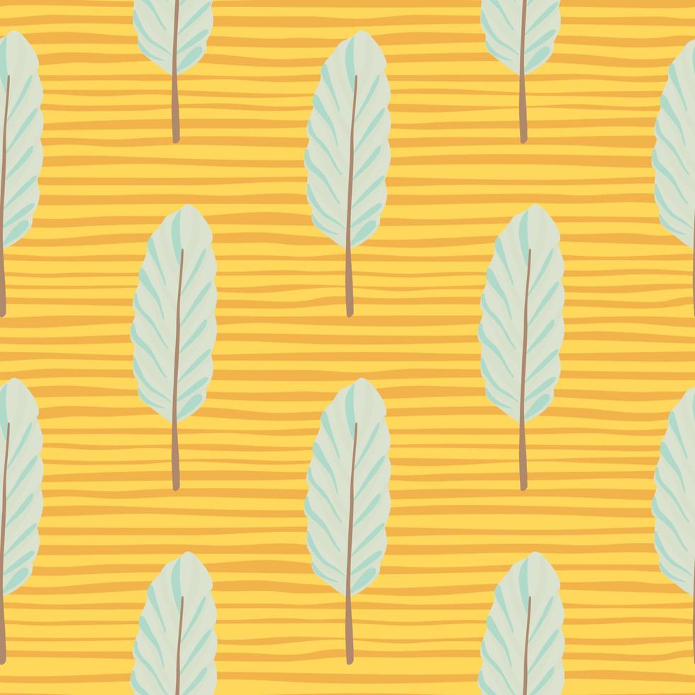 Abstract botanic seamless leaf pattern. Floral silhouettes in light blue color on yellow background with strips. vector