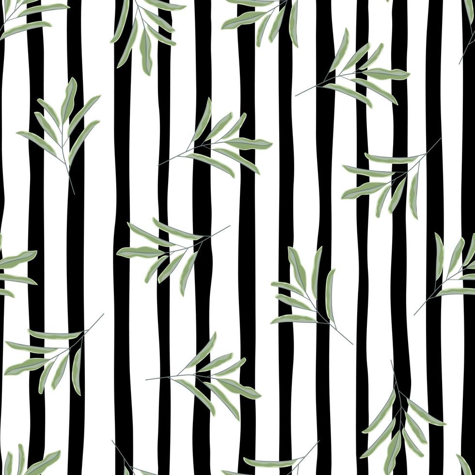 Random green colored simple leaf branches silhouettes seamless pattern. Black and white striped background. vector