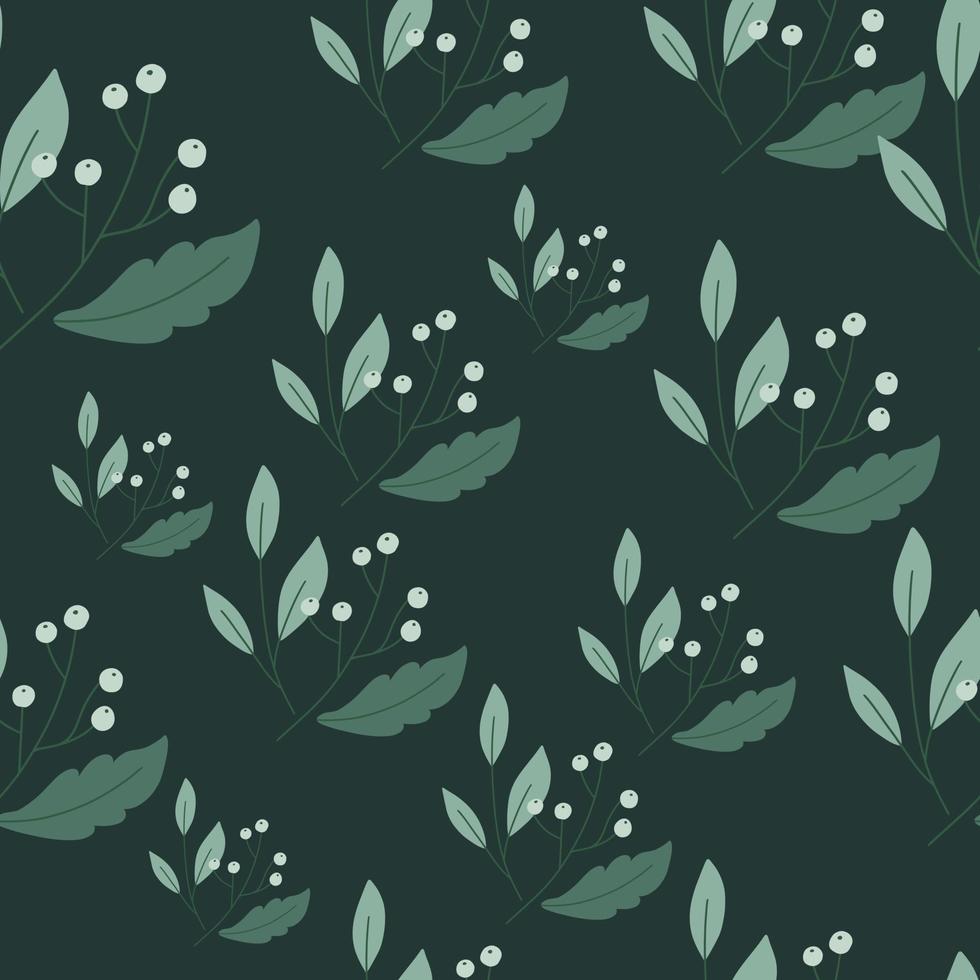 Natural seamless pattern with wild berries and foliage ornament. Dark background. Green tones. vector