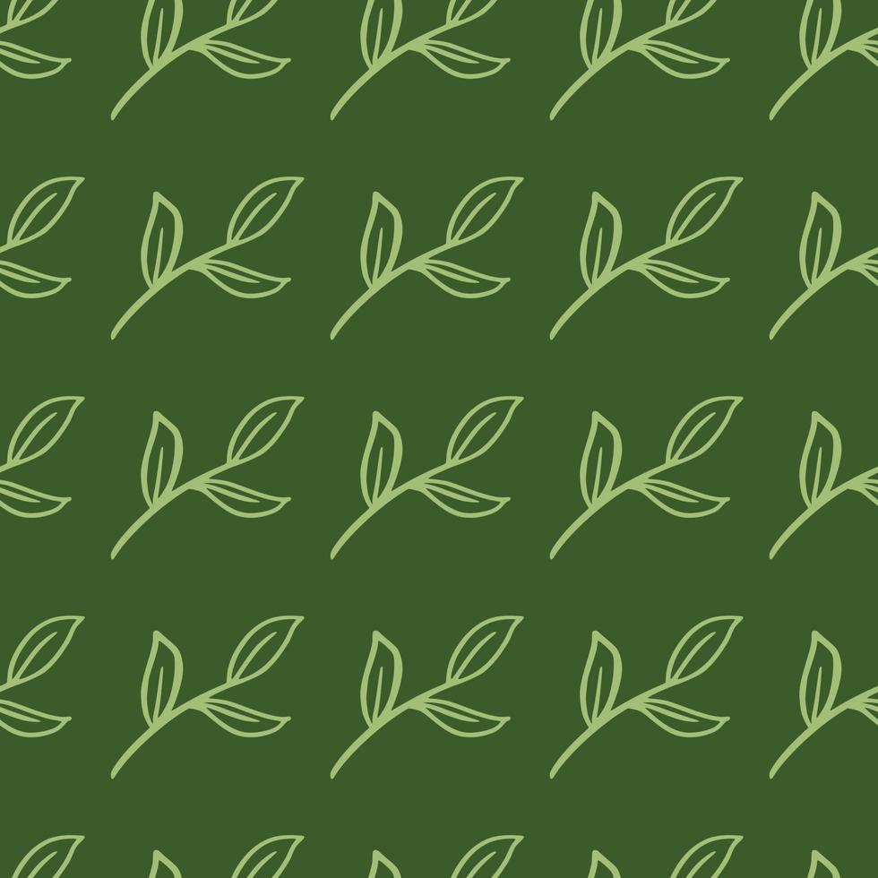 Olive green palette seamless pattern with hand drawn contoured leaf branches ornament. vector