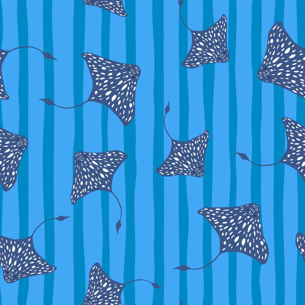 Tropical seamless marine pattern with navy blue random spotted stingray shapes. Blue striped background. vector
