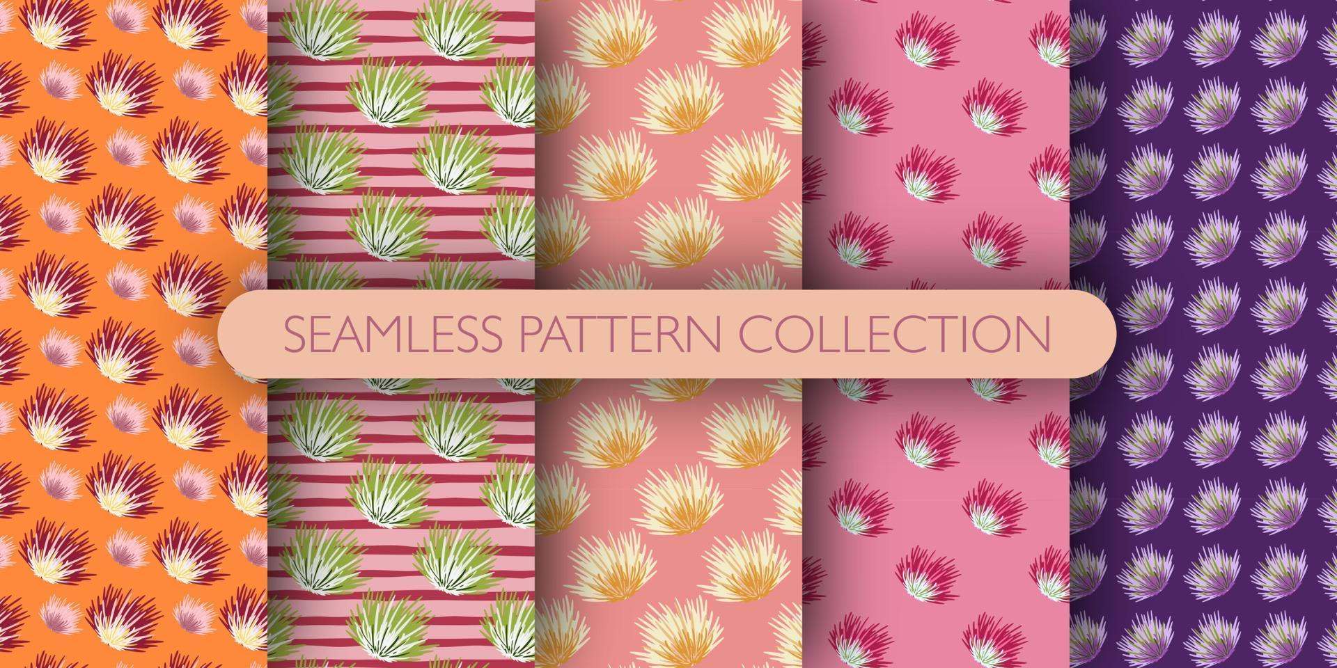 Set of seamless bush pattern. Shrubs background collection. Abstract cactus backdrop. vector