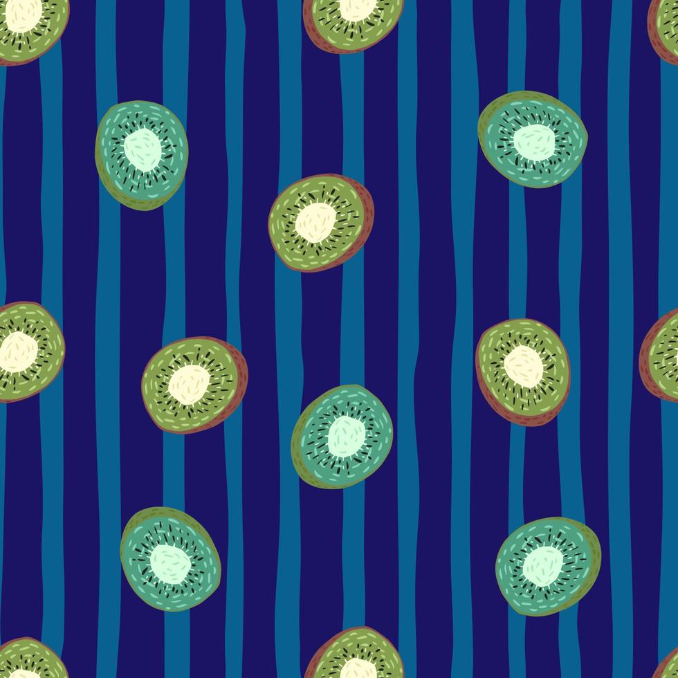 Seamless random pattern with blue and green kiwi shapes. Navy blue striped background. vector