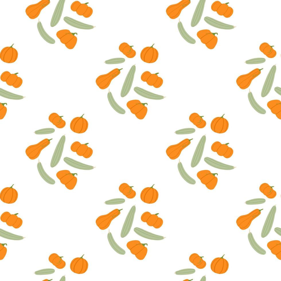 Patrón plano abstracto aislado de calabaza y calabacín sin costuras. elementos naranjas y grises brillantes sobre fondo blanco. obra de arte estilizada. vector