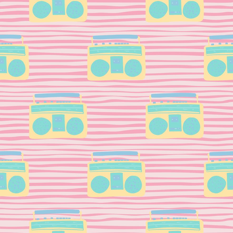 Blue and yellow tape recorder bright seamless doodle pattern. Pink stripped background. Stylized disco print. vector