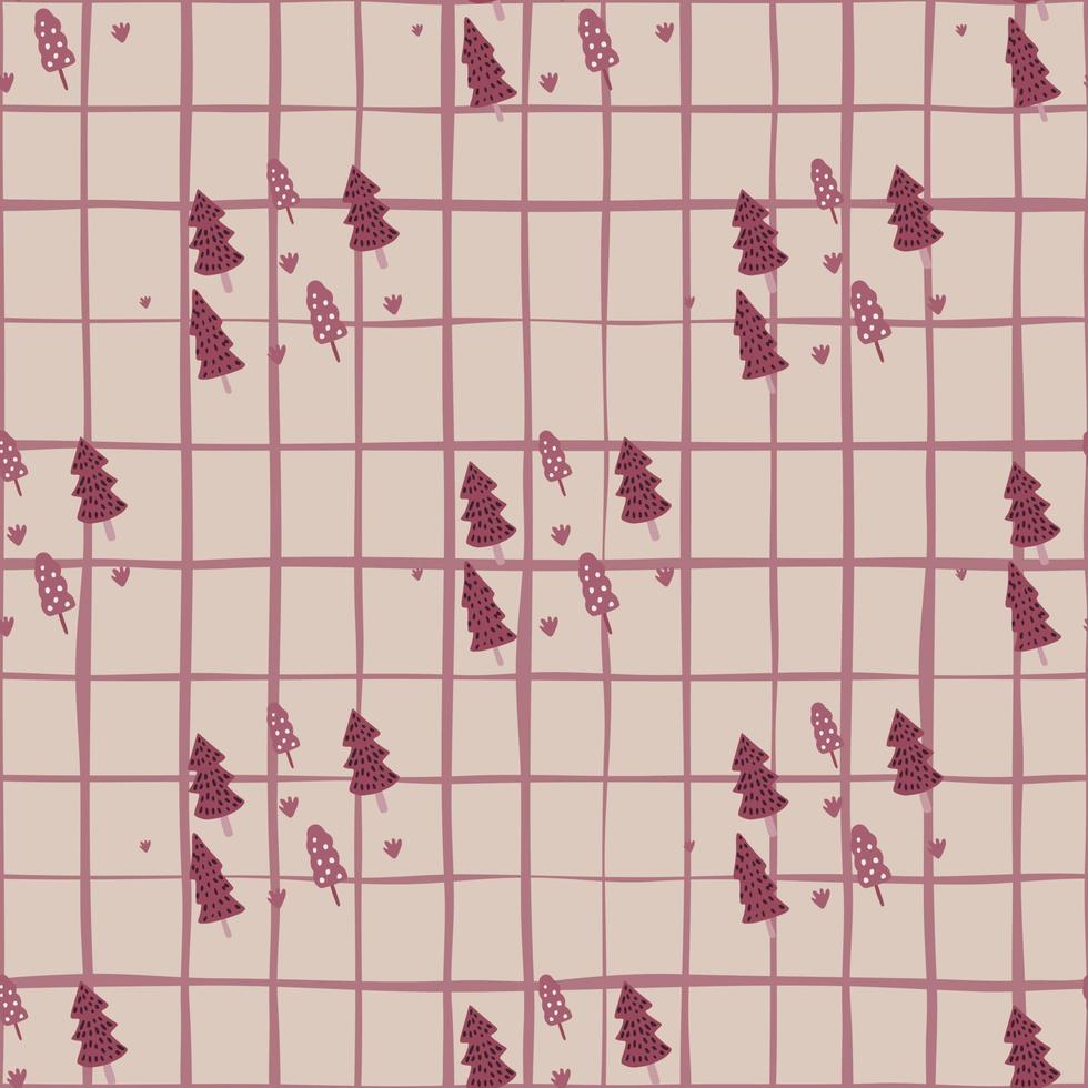 Dark pink fir tree elements seamless doodle pattern. Forest ornament on grey background with check. vector