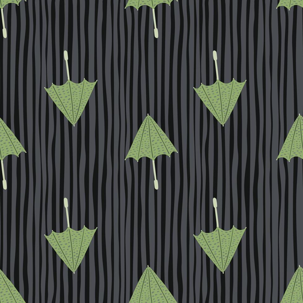 Pastel green umbrellas seamess fall pattern. Hand drawn accessory on dark striped background. vector