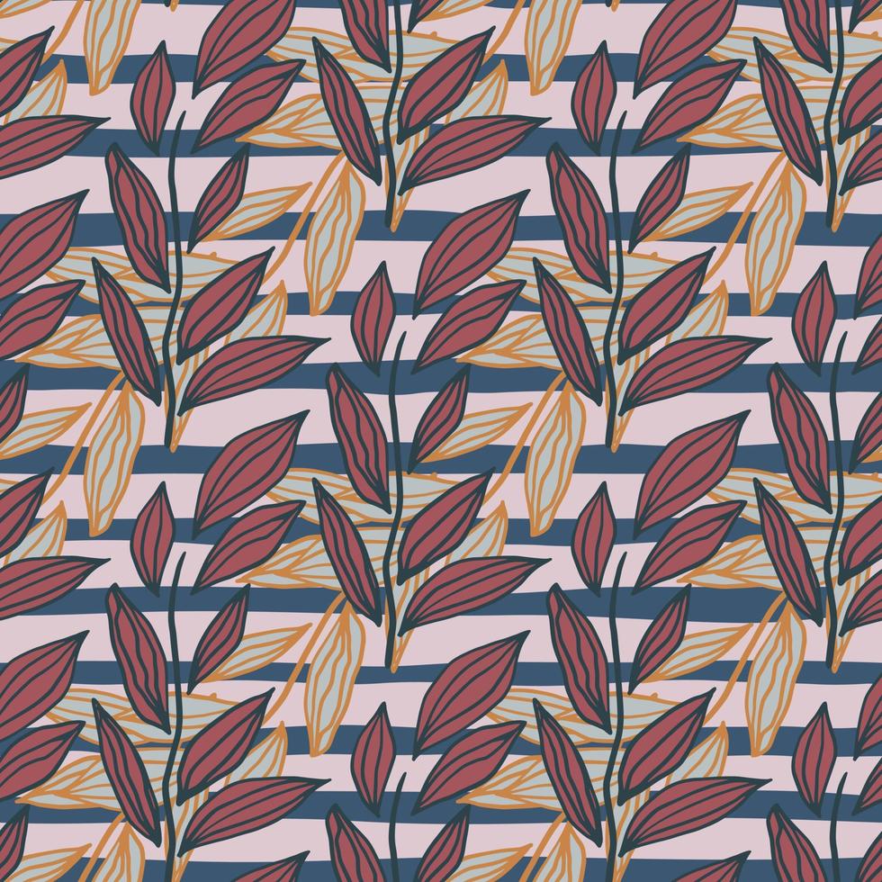 Pastel seamless doodle pattern with foliage outline shapes. Red and orange floral outline ornament on blue stripped background. vector