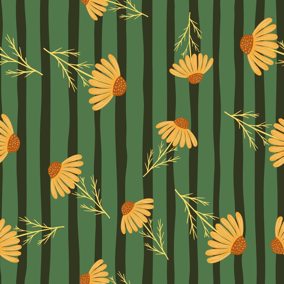 Abstract random seamless pattern with orange chamomile flowers print. Green striped background. vector