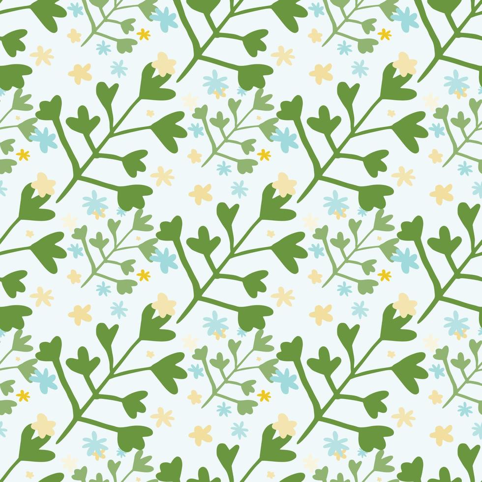 Spring seamless floral pattern with botanic ornament. Green and blue branches on light grey background. vector