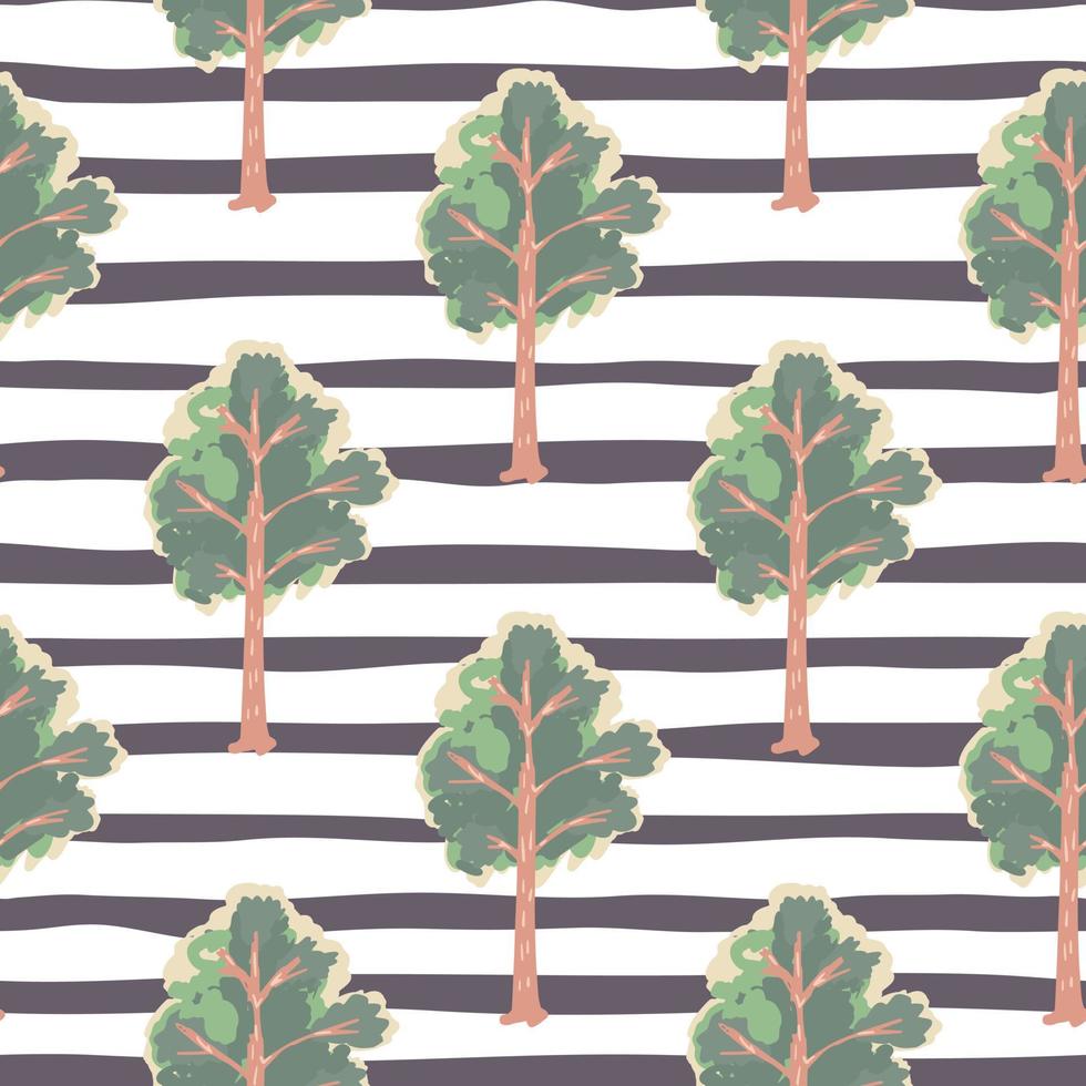 Pale tree ornament simple seamless pattern. Hand drawn forest print in green tones on white background with dark strips. vector