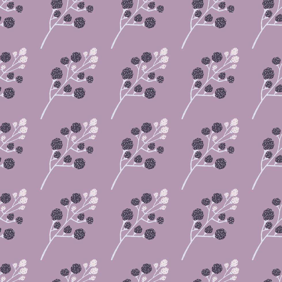 Abstract seamless blackberry pattern with doodle ornament. Pastel purple background. vector